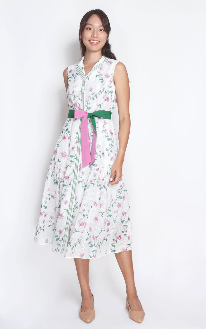 Floral Eyelet Midi Dress Pink Ladies Workwear Singapore ALYSSANDRA